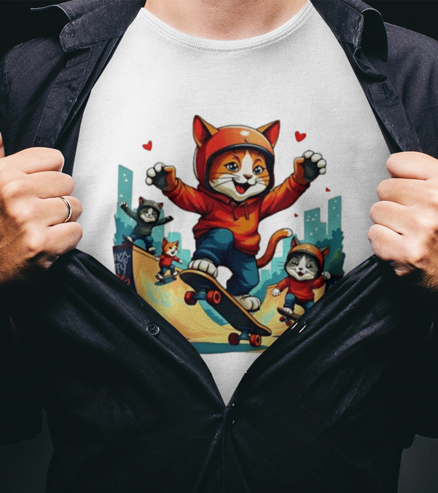 Skateboarding Cats In Helmets With Hearts And Cityscape T-Shirt