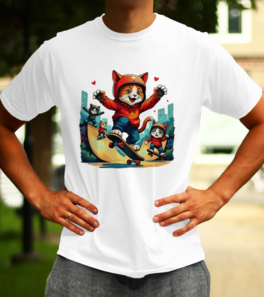 Skateboarding Cats In Helmets With Hearts And Cityscape T-Shirt