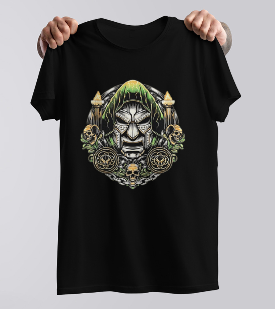 Doctor Doom Mask Skulls Torches T-Shirt