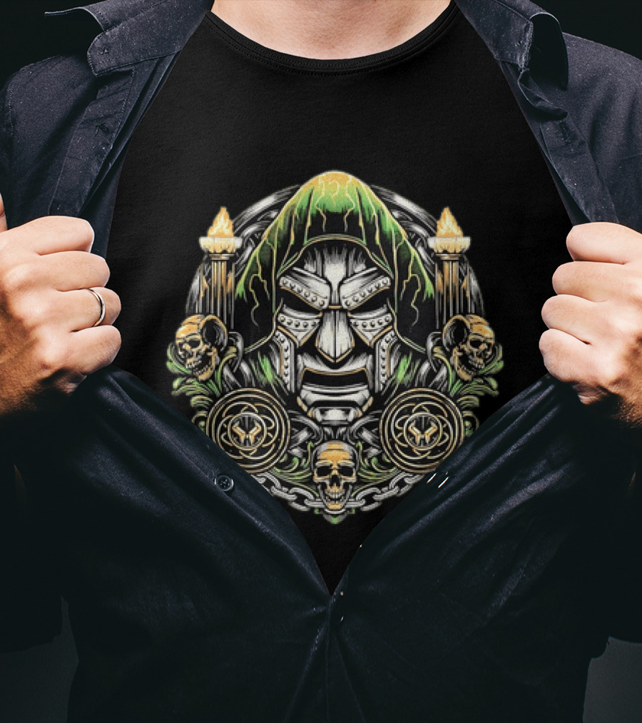 Doctor Doom Mask Skulls Torches T-Shirt