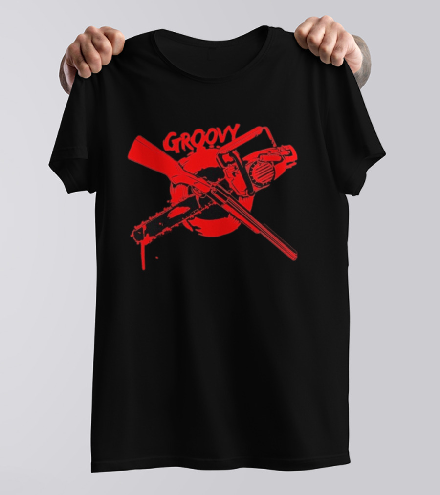 Ash Williams Evil Dead Groovy Chainsaw Shotgun T-Shirt