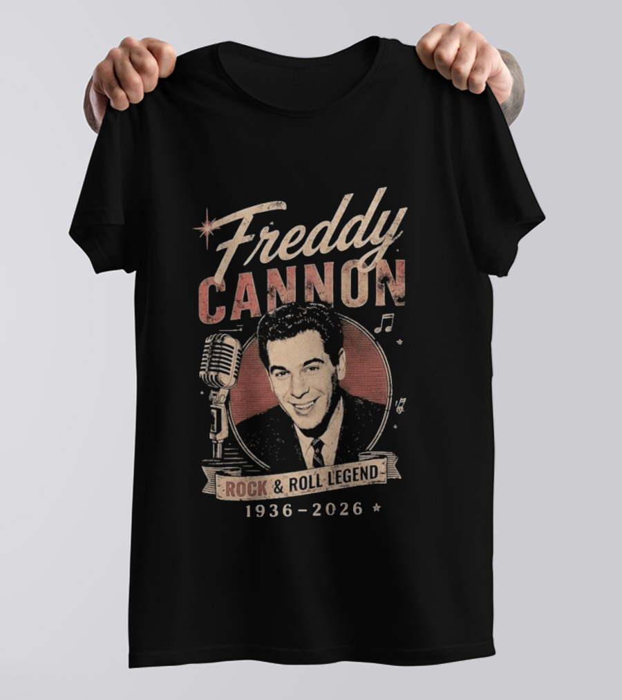 Freddy Cannon Rock & Roll Legend In Loving Memory 1936 2026 Microphone Musical Notes T-Shirt