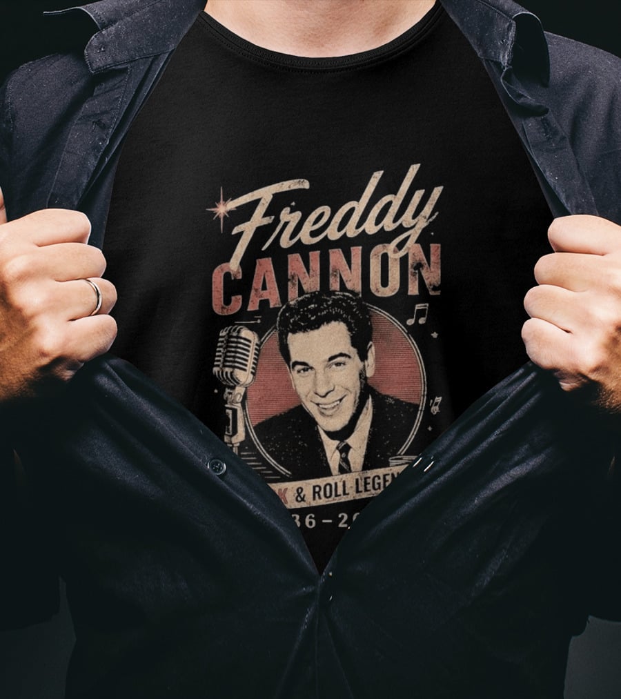 Freddy Cannon Rock & Roll Legend In Loving Memory 1936 2026 Microphone Musical Notes T-Shirt