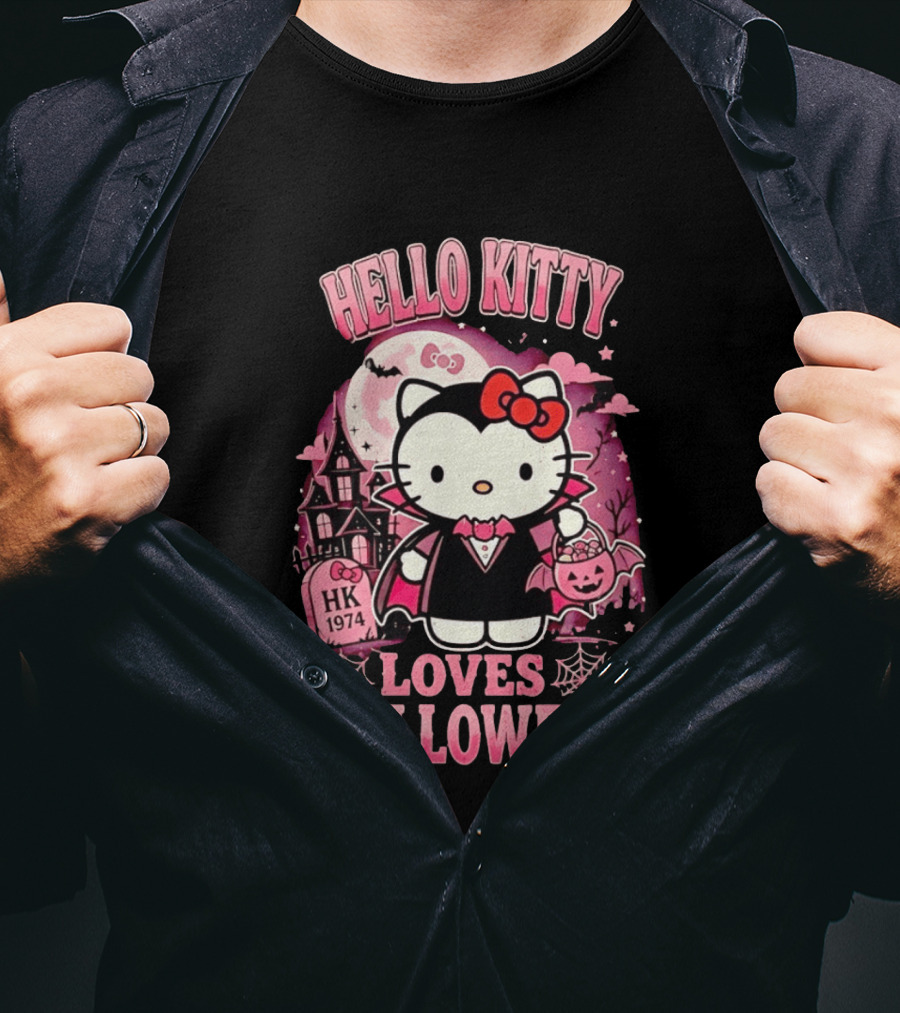 Hello Kitty Loves Halloween Vampire Costume Pink Bats And Haunted House T-Shirt
