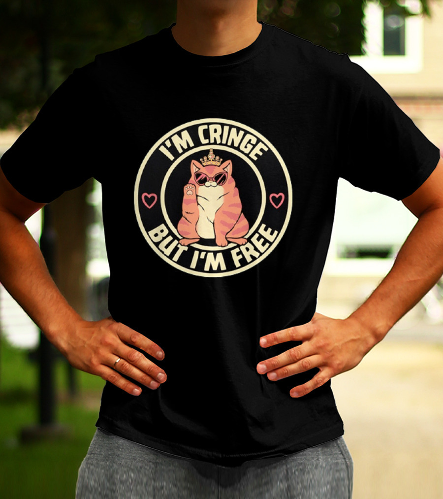 I'm Cringe But I'm Free Cat Crown Sunglasses Hearts T-Shirt