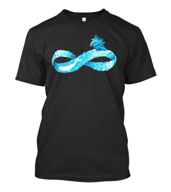 Infinity Symbol With Whale Swimming Beneath Sailing Ship Formed By Ocean Waves T-Shirt