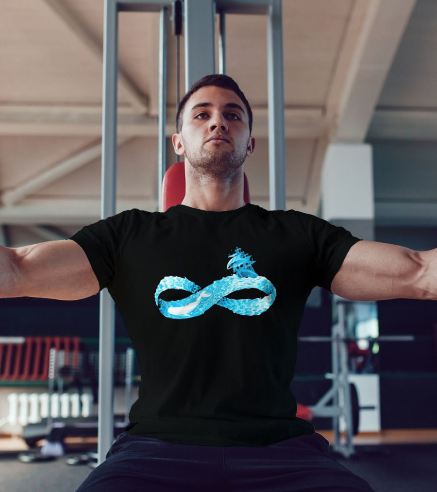 Infinity Symbol With Whale Swimming Beneath Sailing Ship Formed By Ocean Waves T-Shirt