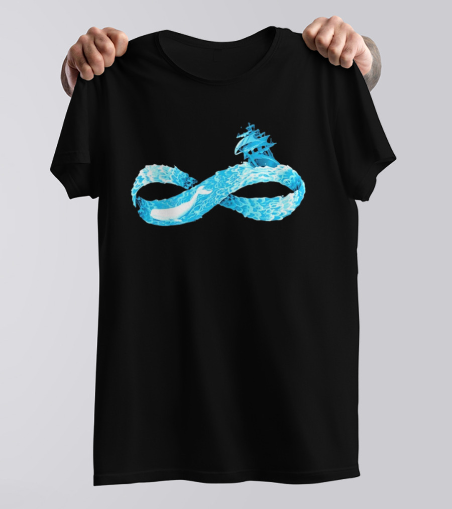 Infinity Symbol With Whale Swimming Beneath Sailing Ship Formed By Ocean Waves T-Shirt