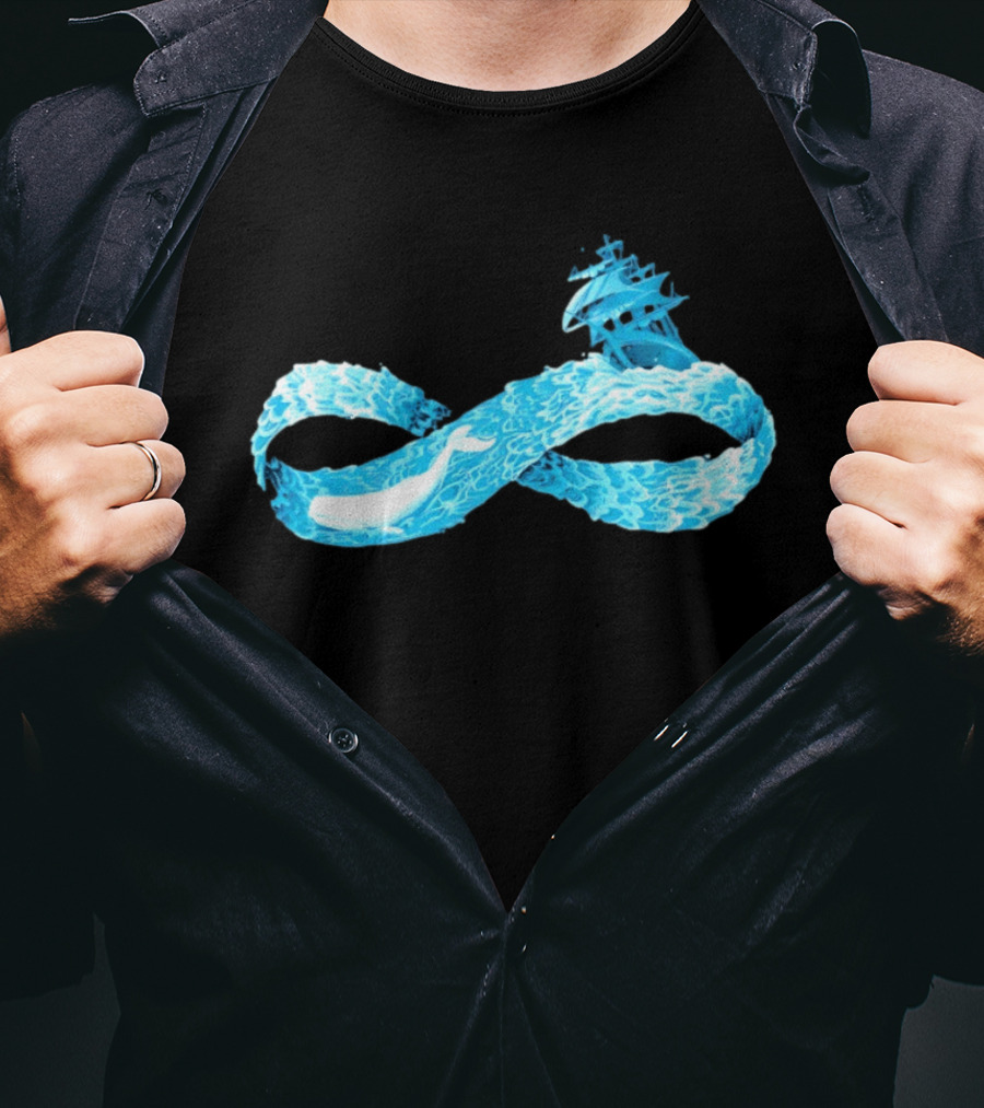 Infinity Symbol With Whale Swimming Beneath Sailing Ship Formed By Ocean Waves T-Shirt