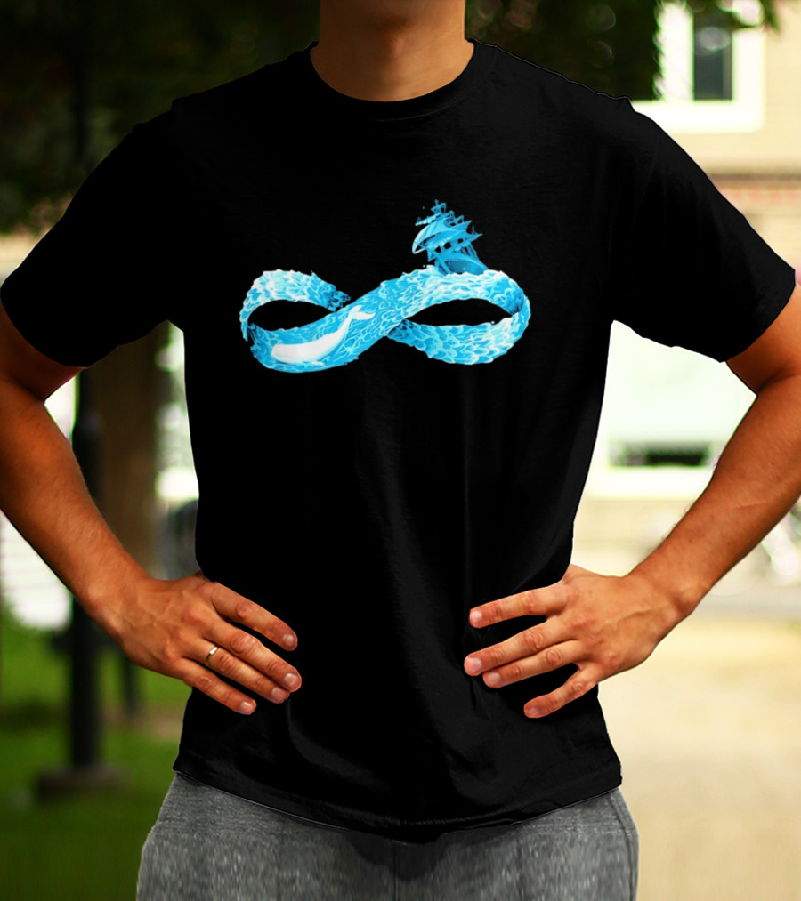 Infinity Symbol With Whale Swimming Beneath Sailing Ship Formed By Ocean Waves T-Shirt