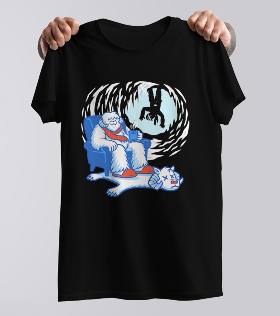 Yeti Relaxing In A Chair With Hot Drink And Abominable Snowman Rug T-Shirt