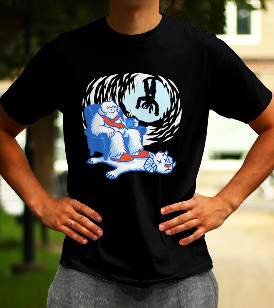 Yeti Relaxing In A Chair With Hot Drink And Abominable Snowman Rug T-Shirt