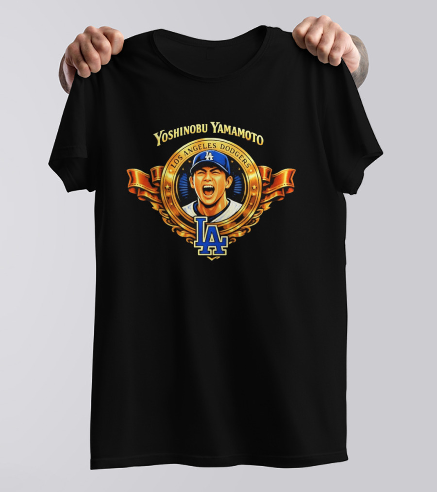 Yoshinobu Yamamoto Los Angeles Dodgers LA Gold Crest T-Shirt