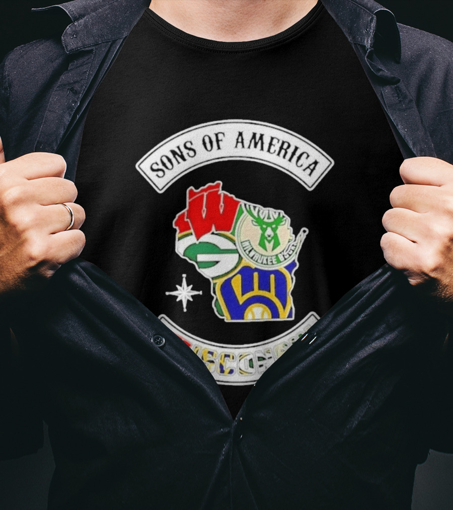 Sons Of America Wisconsin Map Milwaukee Brewers Green Bay Packers Badgers Bucks T-Shirt