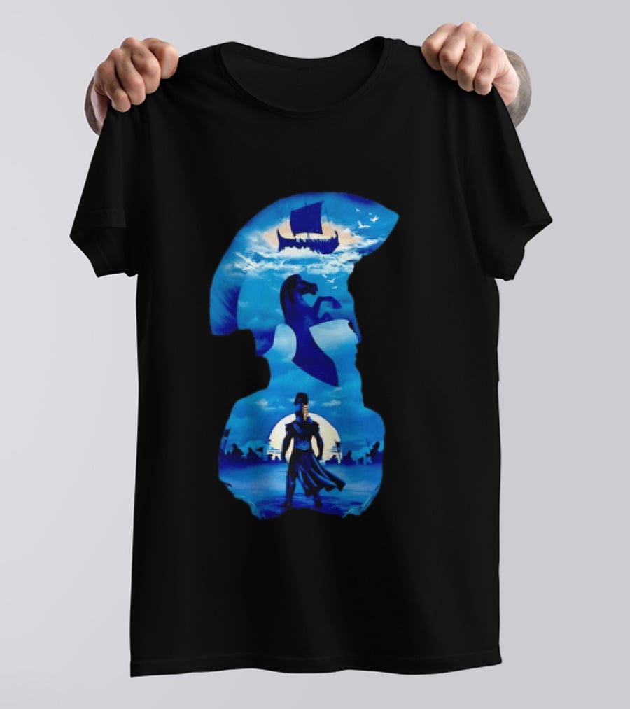 Spartan Warrior With Trojan Horse And Ancient Ship In Mythical Blue Scene T-Shirt
