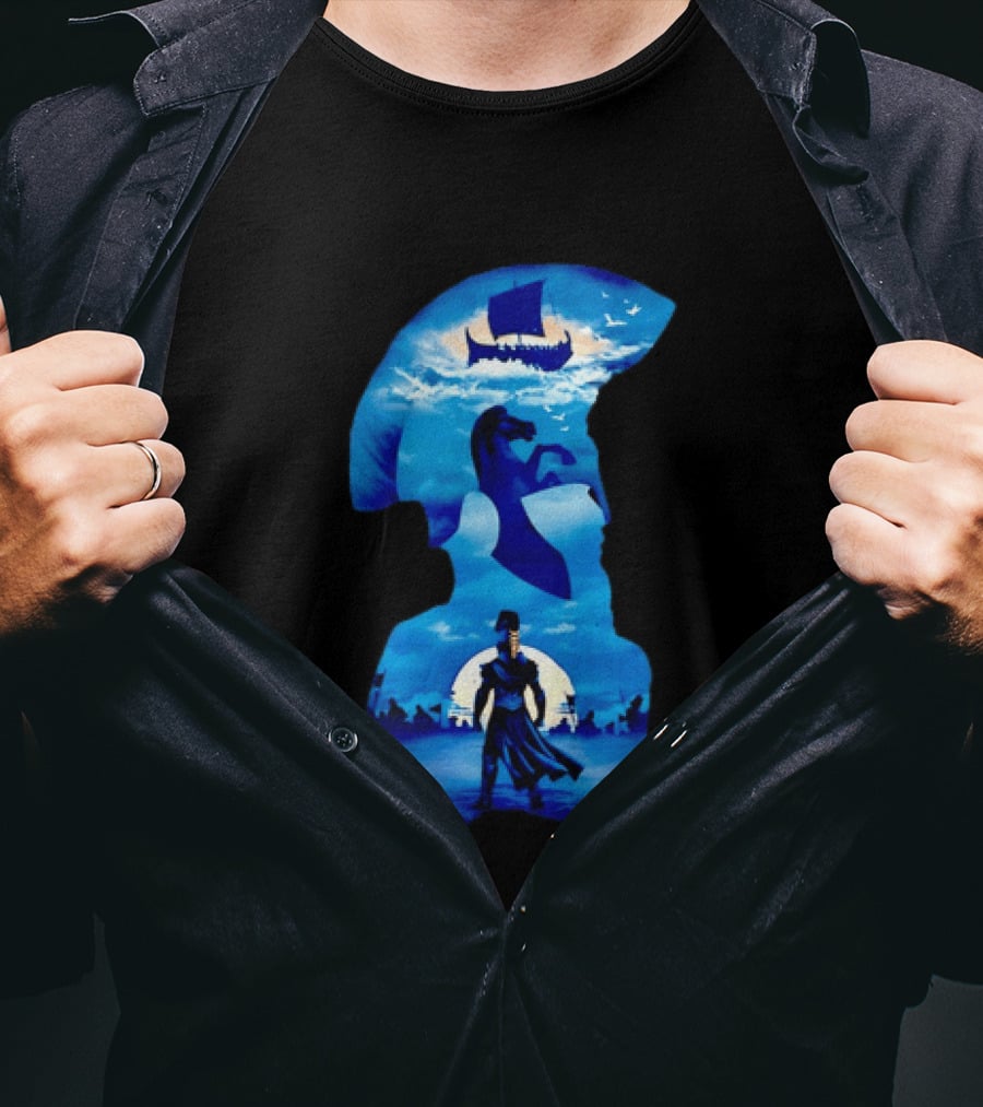 Spartan Warrior With Trojan Horse And Ancient Ship In Mythical Blue Scene T-Shirt