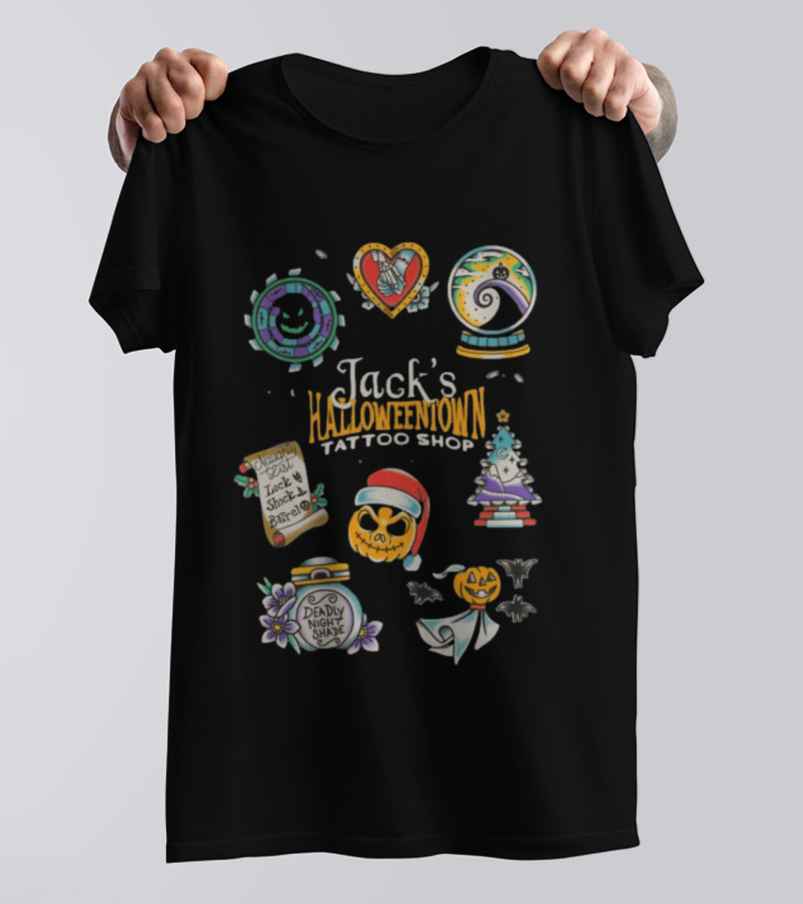 Jack's Halloweentown Tattoo Shop Oogie Boogie Santa Skull Lock Shock Barrel T-Shirt