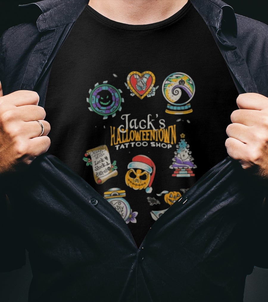 Jack's Halloweentown Tattoo Shop Oogie Boogie Santa Skull Lock Shock Barrel T-Shirt