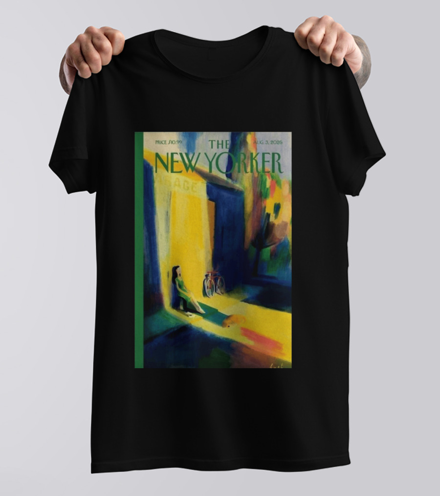 The New Yorker August 3 2026 Pierre Emmanuel Lyet Cover Art Female Figure With Bicycle In Vibrant Alley Scene T-Shirt