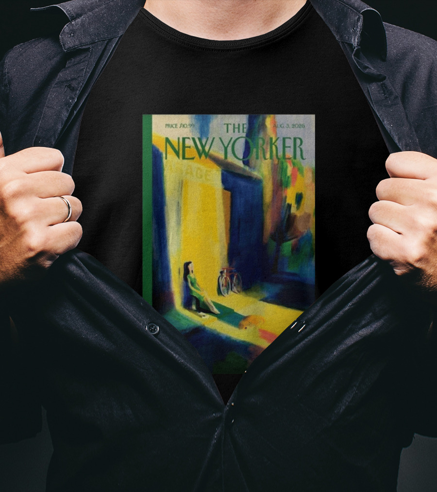 The New Yorker August 3 2026 Pierre Emmanuel Lyet Cover Art Female Figure With Bicycle In Vibrant Alley Scene T-Shirt
