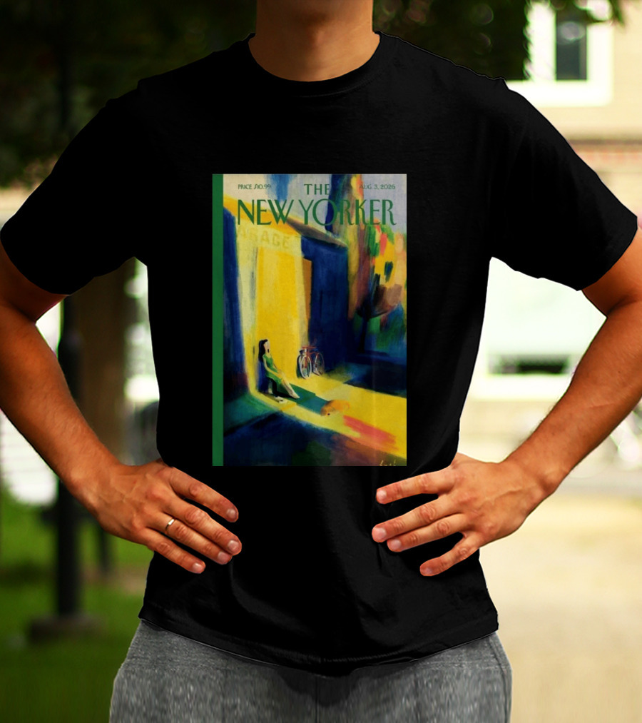 The New Yorker August 3 2026 Pierre Emmanuel Lyet Cover Art Female Figure With Bicycle In Vibrant Alley Scene T-Shirt
