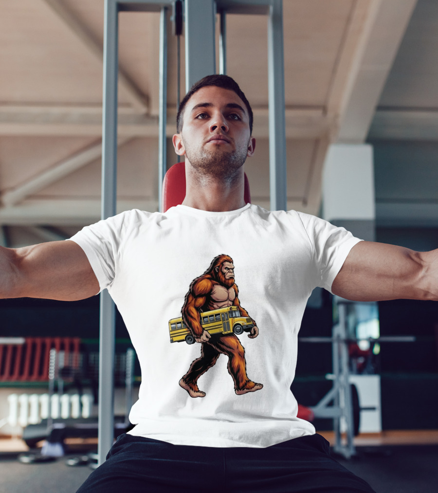 Bigfoot Sasquatch Carrying Yellow School Bus T-Shirt