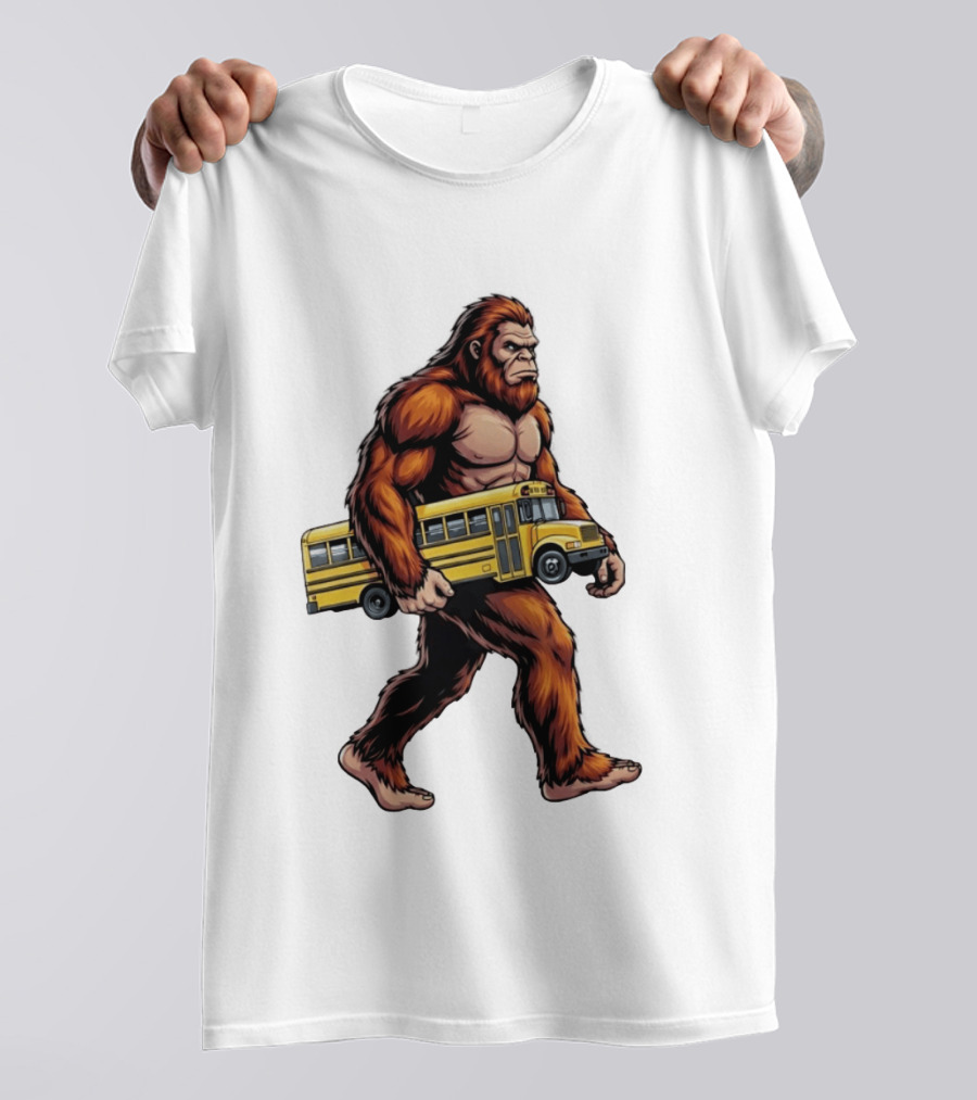 Bigfoot Sasquatch Carrying Yellow School Bus T-Shirt