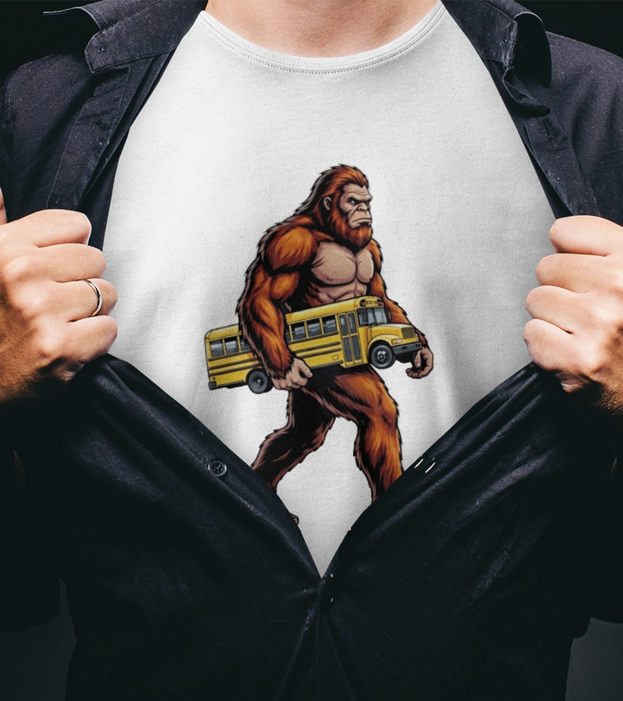 Bigfoot Sasquatch Carrying Yellow School Bus T-Shirt