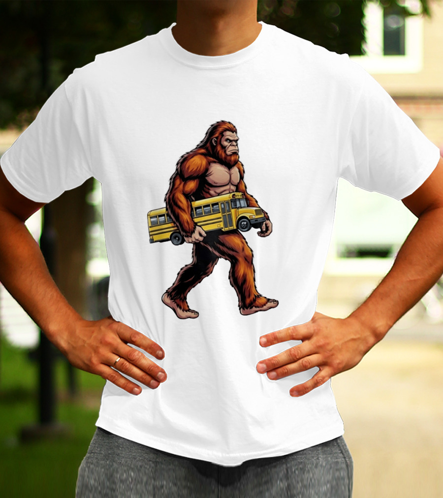 Bigfoot Sasquatch Carrying Yellow School Bus T-Shirt