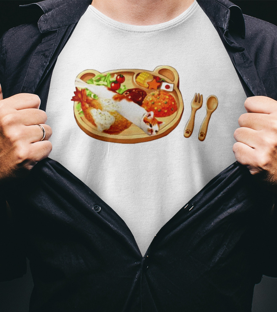 Cat Sushi On Bear Shaped Japanese Meal Plate With Shrimp And Rice T-Shirt