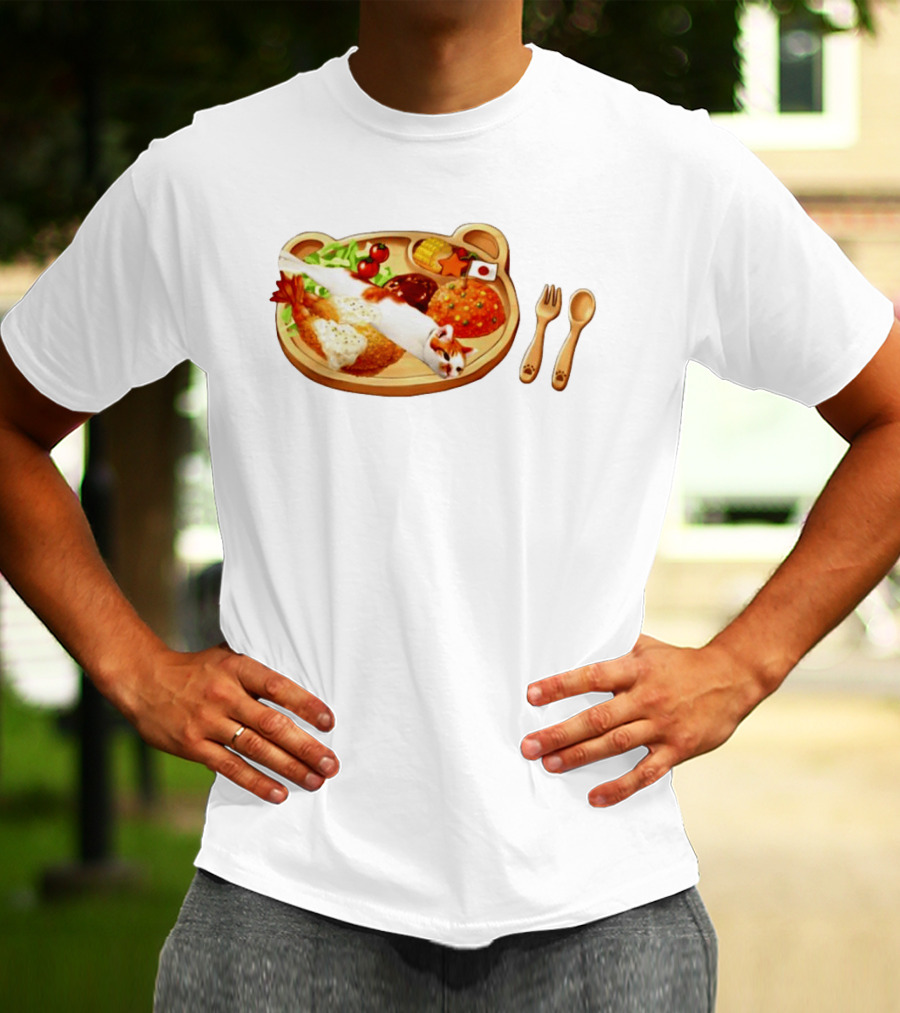 Cat Sushi On Bear Shaped Japanese Meal Plate With Shrimp And Rice T-Shirt