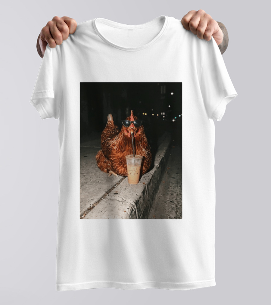 Chicken Wearing Sunglasses Drinking Iced Coffee At Night T-Shirt