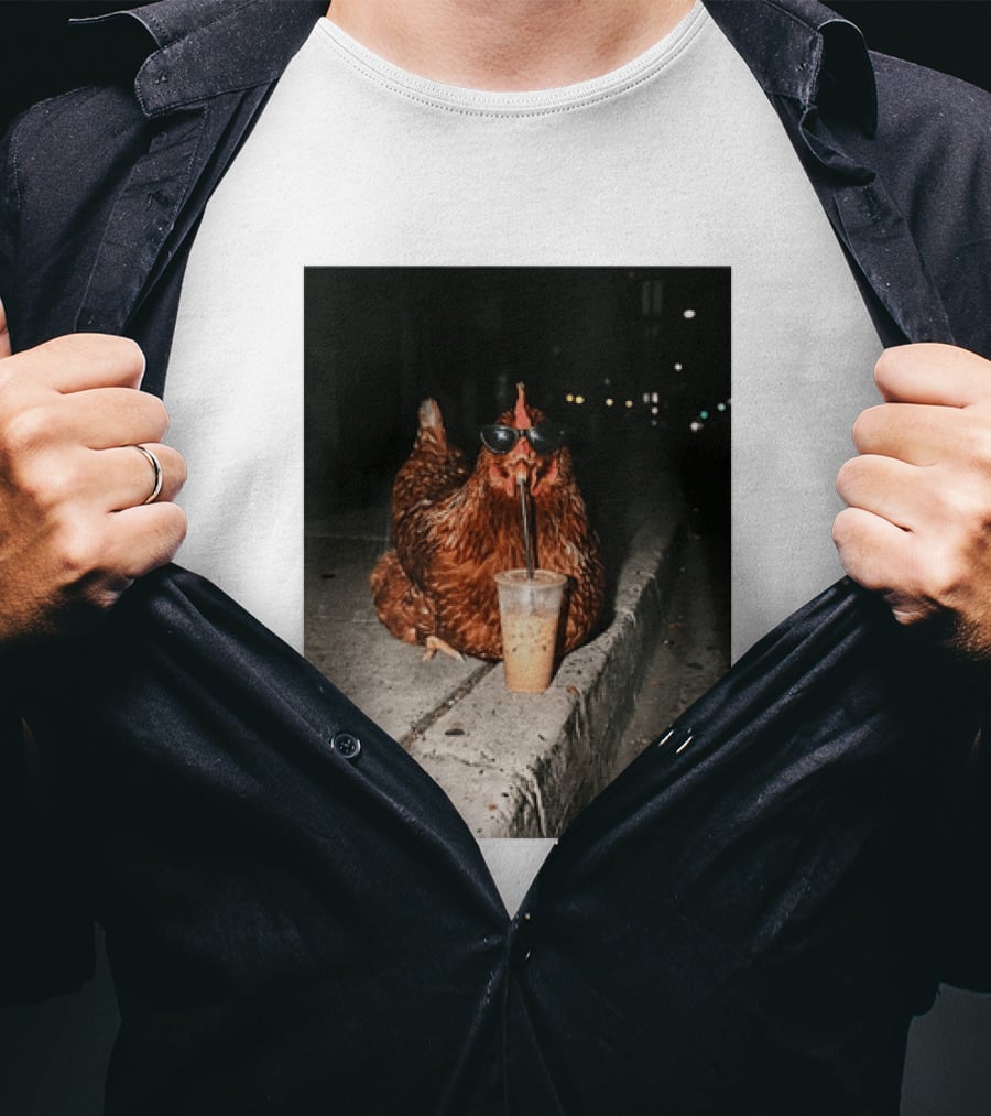 Chicken Wearing Sunglasses Drinking Iced Coffee At Night T-Shirt