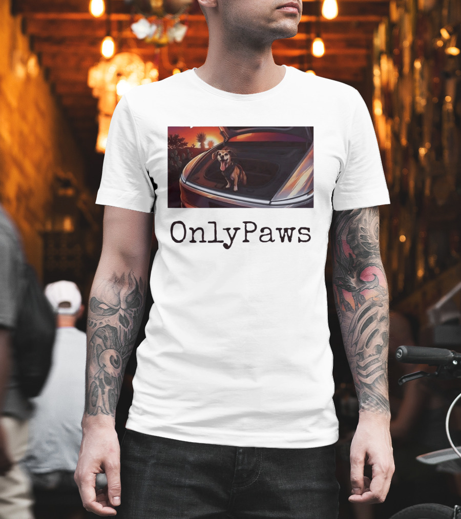OnlyPaws Dog In Car Trunk At Sunset Desert Scene T-Shirt