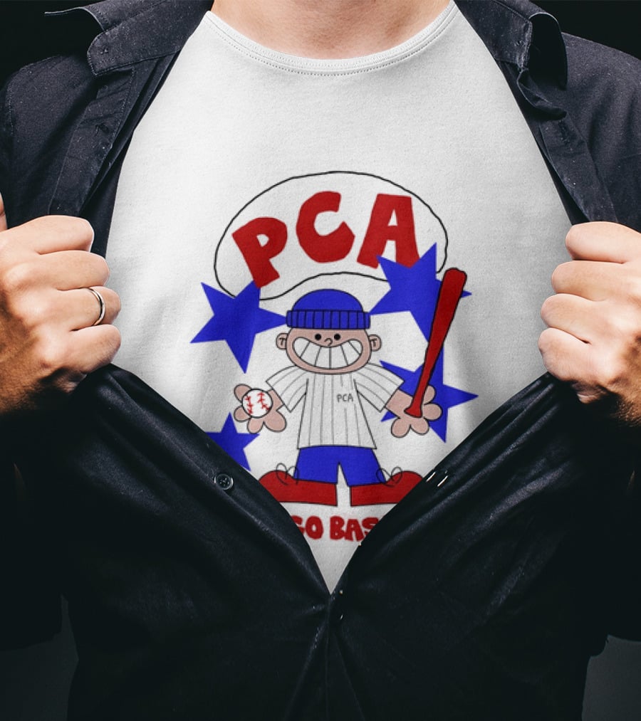 PCA Chicago Baseball Cartoon Youth Kids Sports Humor Red Blue Stars T-Shirt