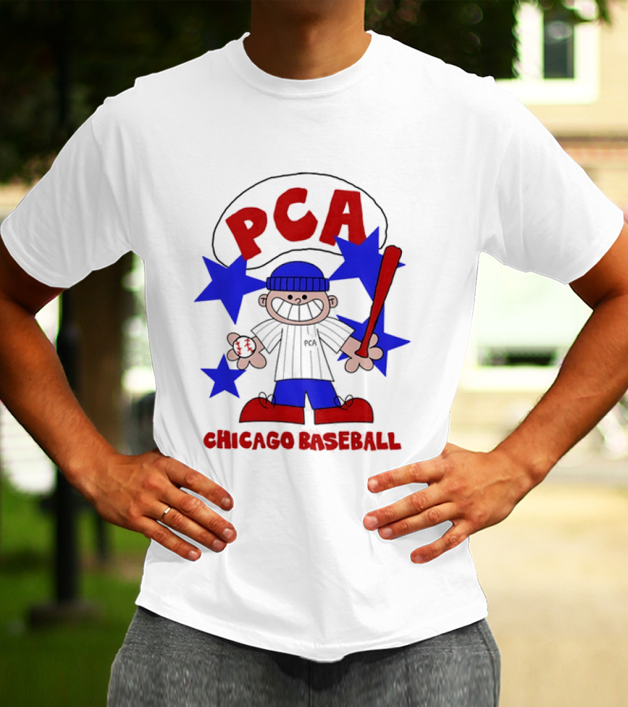 PCA Chicago Baseball Cartoon Youth Kids Sports Humor Red Blue Stars T-Shirt
