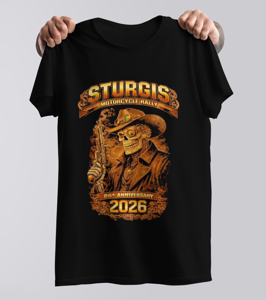 Sturgis Motorcycle Rally 2026 86th Anniversary Steampunk Cowboy Skull T-Shirt