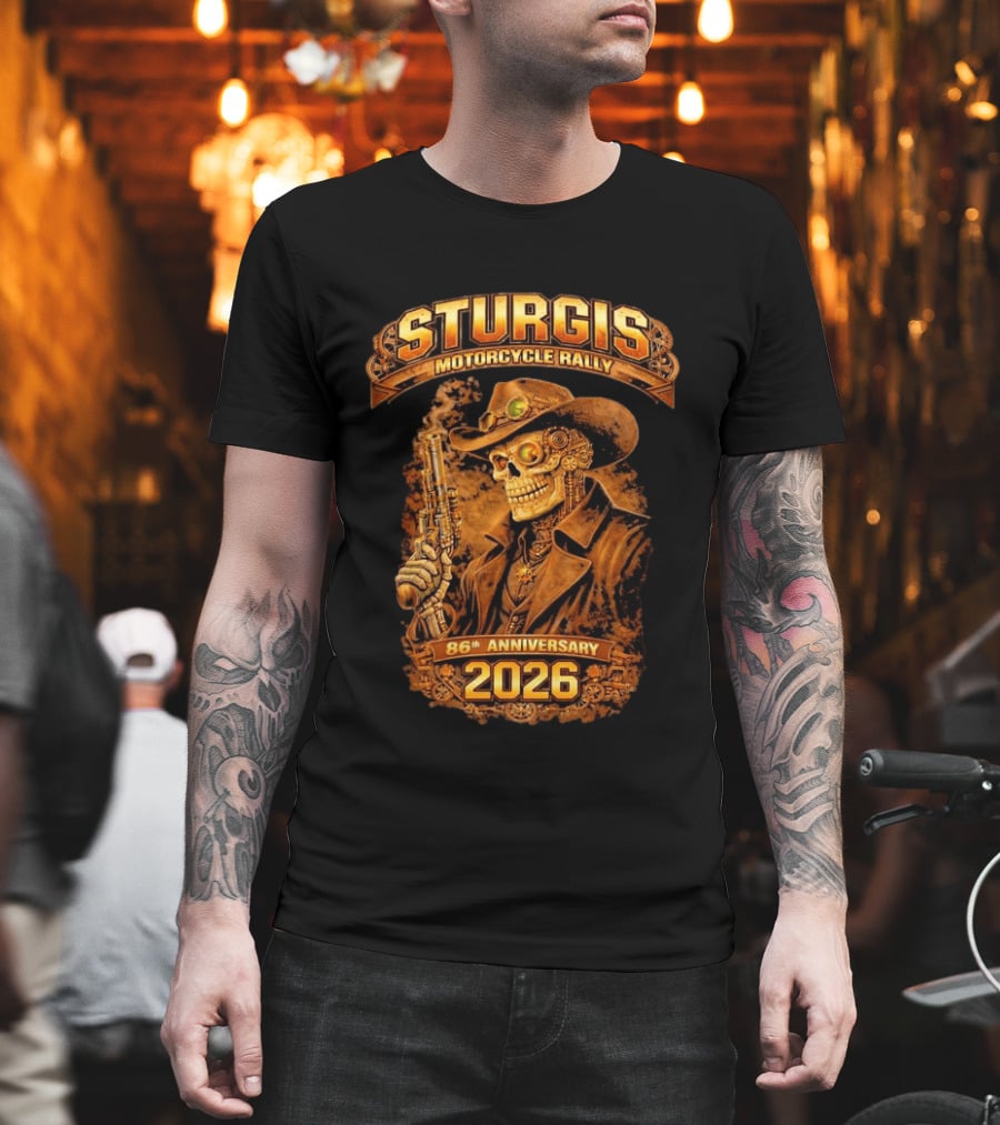 Sturgis Motorcycle Rally 2026 86th Anniversary Steampunk Cowboy Skull T-Shirt
