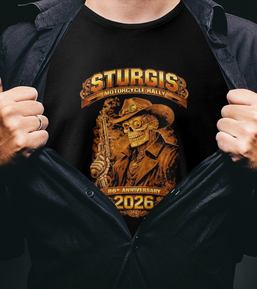 Sturgis Motorcycle Rally 2026 86th Anniversary Steampunk Cowboy Skull T-Shirt