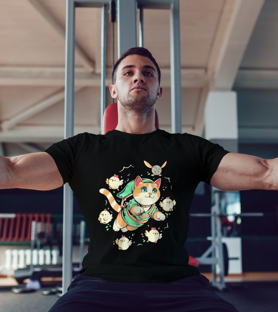 Fantasy Adventurer Cat In Green Tunic With Chickens And Yarn Ball T-Shirt