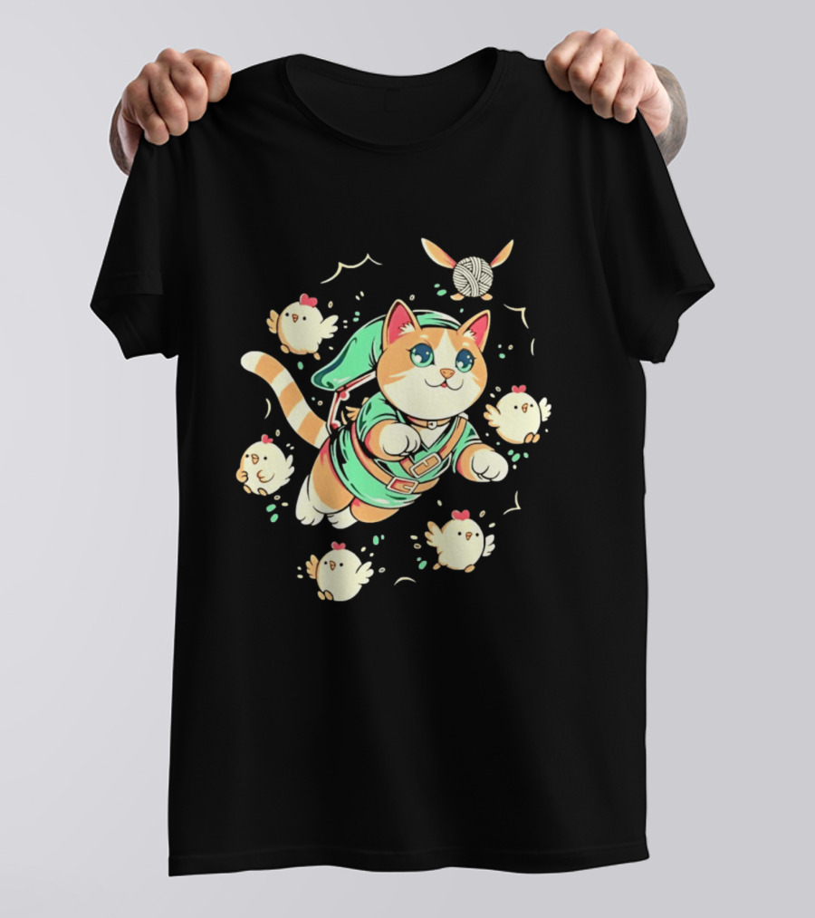 Fantasy Adventurer Cat In Green Tunic With Chickens And Yarn Ball T-Shirt