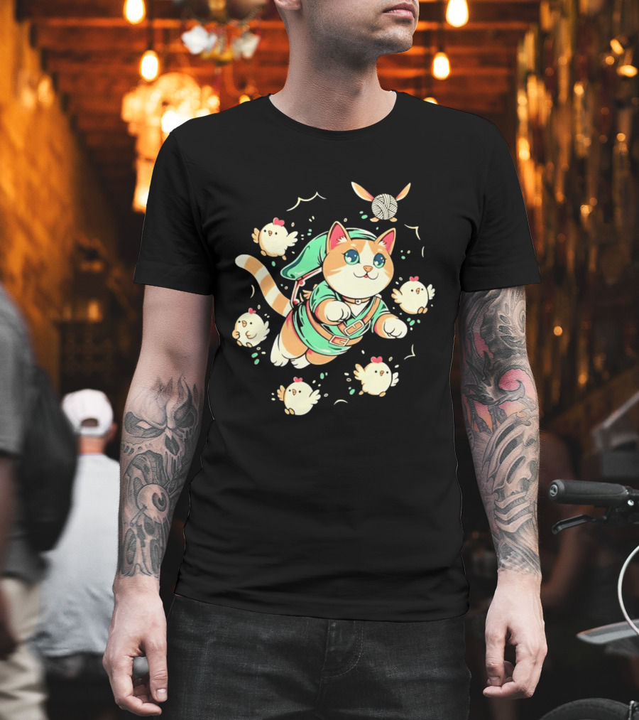 Fantasy Adventurer Cat In Green Tunic With Chickens And Yarn Ball T-Shirt