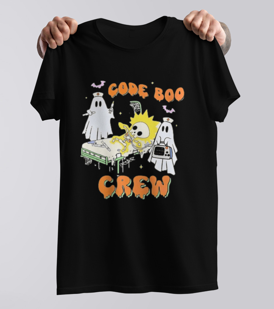 Code Boo Crew Halloween Ghost Nurse Skeleton Scene T-Shirt