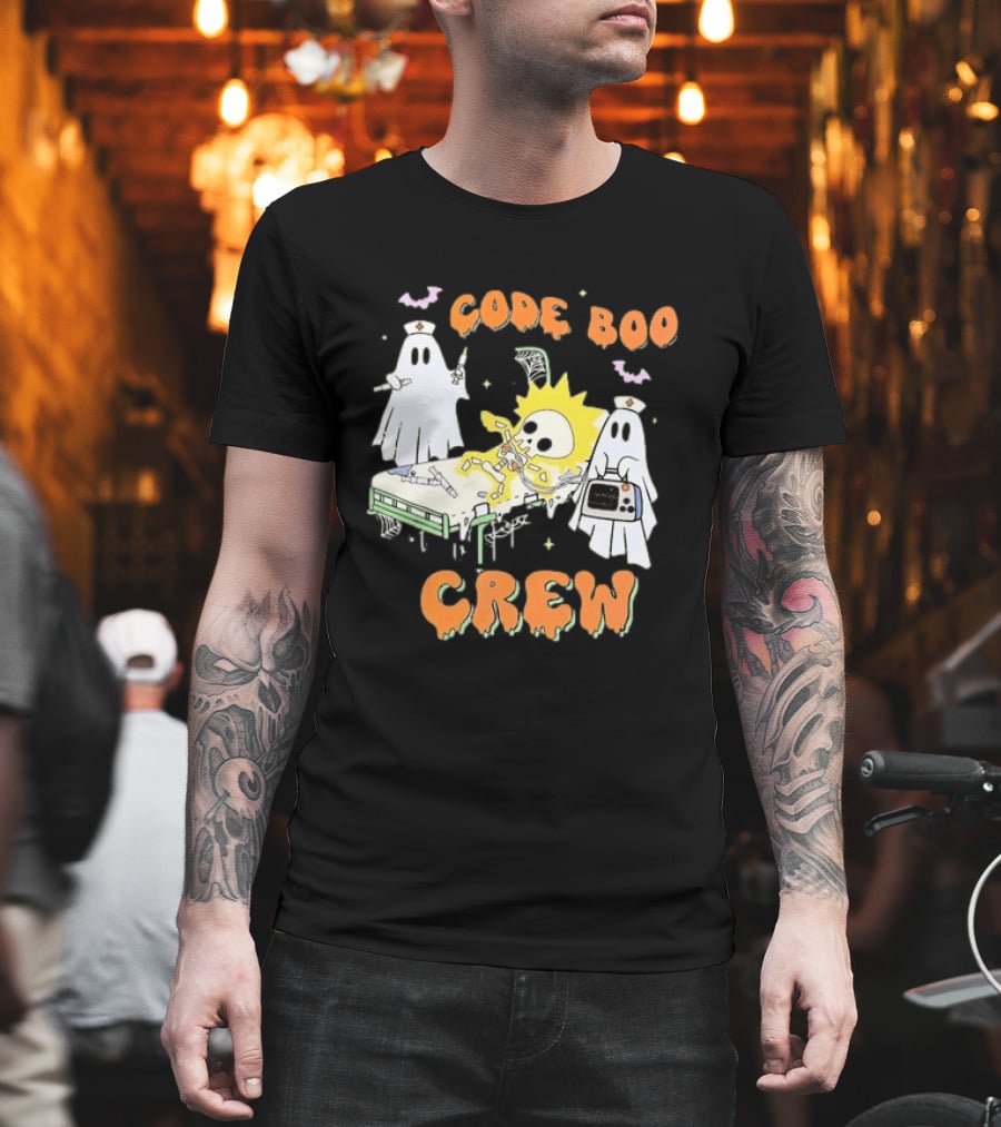 Code Boo Crew Halloween Ghost Nurse Skeleton Scene T-Shirt