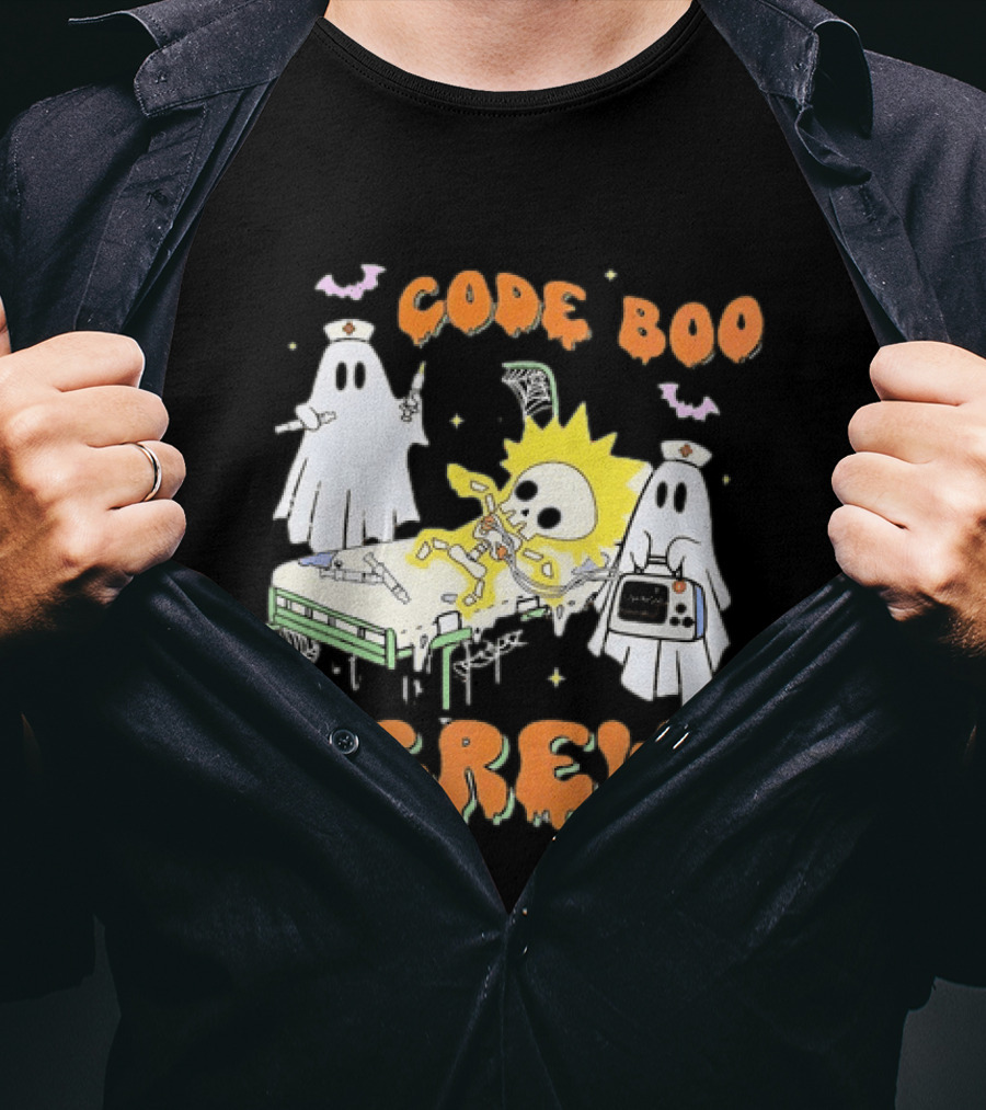 Code Boo Crew Halloween Ghost Nurse Skeleton Scene T-Shirt