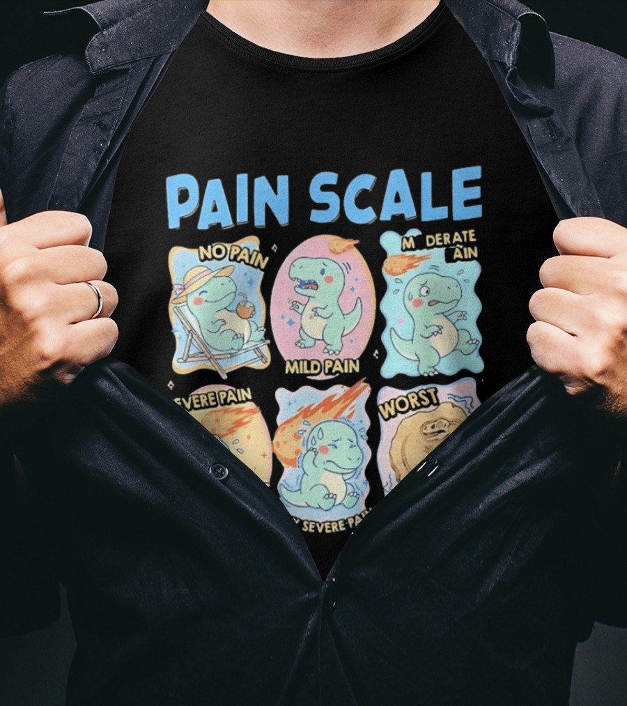 Pain Scale Cartoon Dinosaur Chart No Pain To Worst Pain Possible T-Shirt