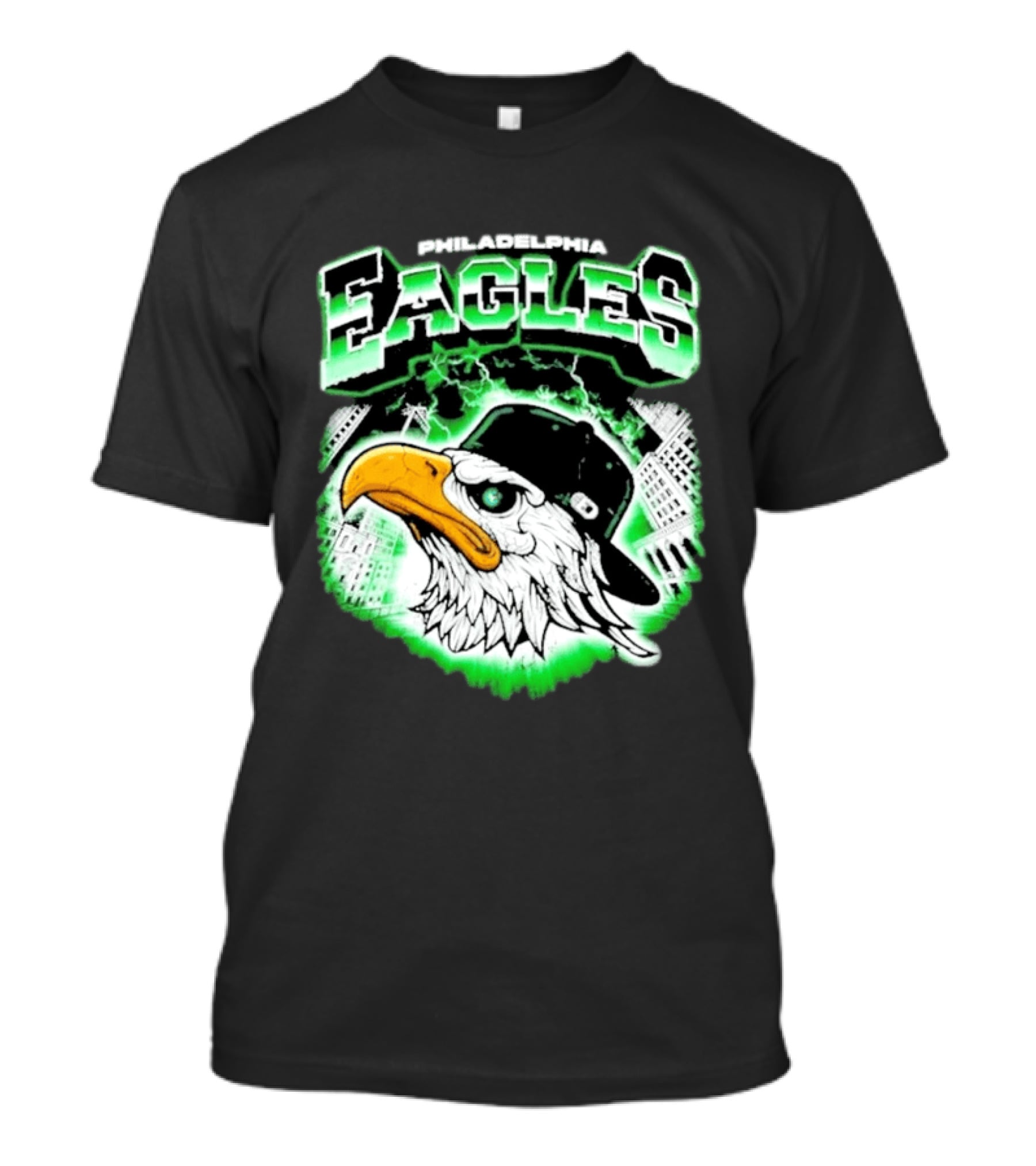 Philadelphia Eagles Mascot With Baseball Cap And City Skyline T-Shirt