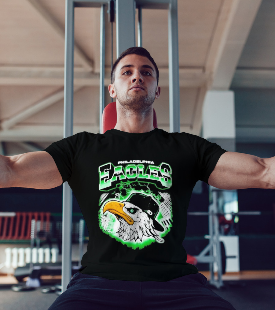 Philadelphia Eagles Mascot With Baseball Cap And City Skyline T-Shirt