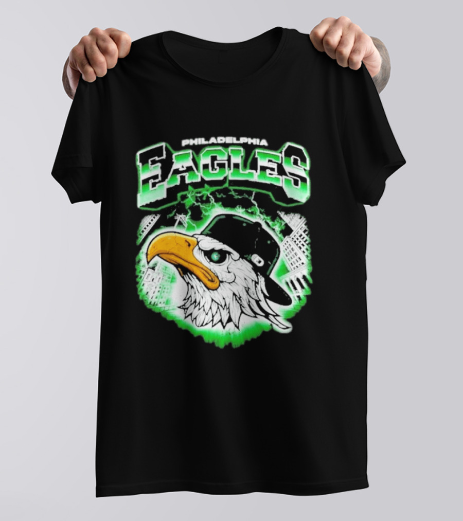 Philadelphia Eagles Mascot With Baseball Cap And City Skyline T-Shirt