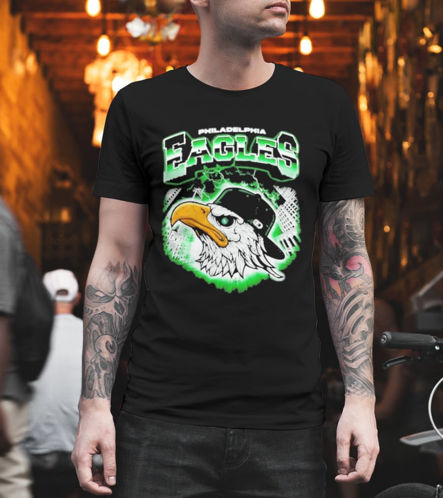 Philadelphia Eagles Mascot With Baseball Cap And City Skyline T-Shirt